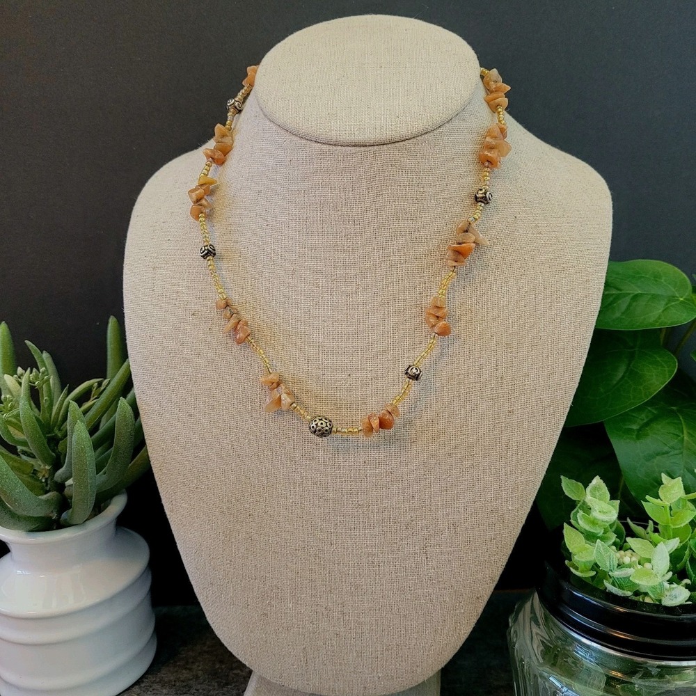 Sunstone Chip Beaded Necklace Peach Orange Silver Tone Boho 17in